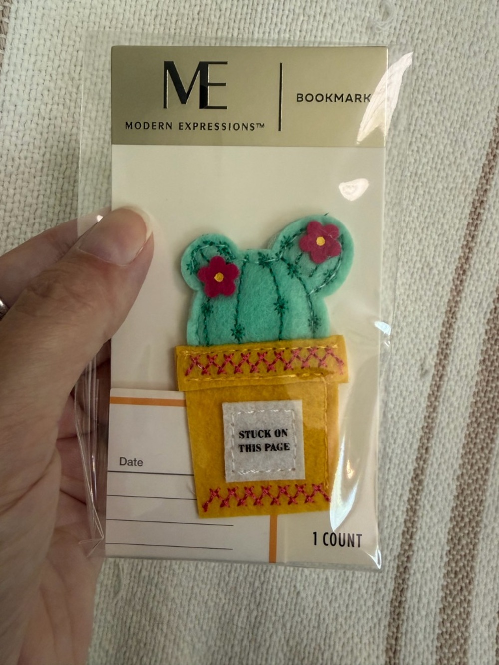 Felt Cactus Bookmark - Turquoise & Yellow with Pink Flowers